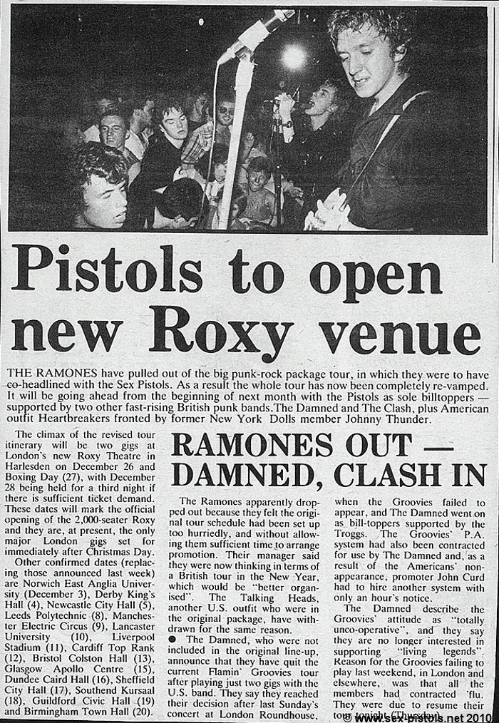 NME 76 11 27 Pistols open Roxy Damned Clash tour